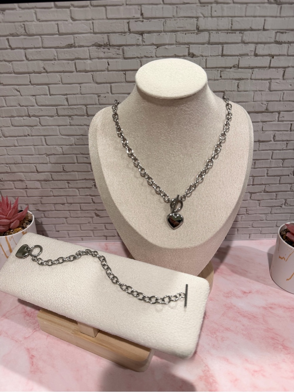 Sterling-Look Silver Heart Padlock Necklace and Bracelet Set